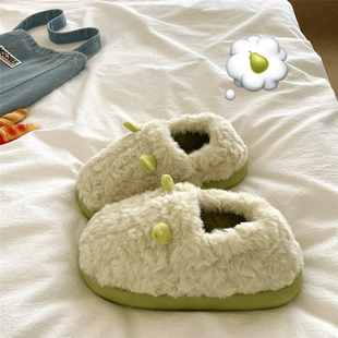 显白牛油果绿~！显白ins包跟保暖加绒棉鞋女外穿厚底毛毛棉拖鞋潮