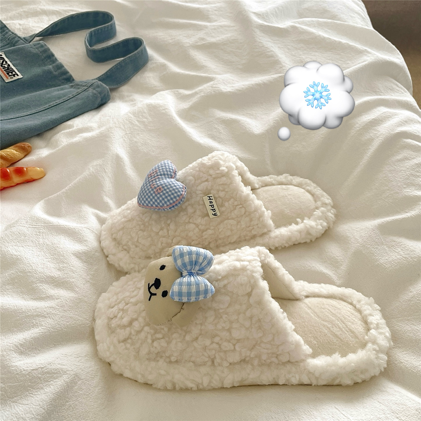 酷儿小熊~！baby蓝可爱ins包头棉拖鞋女居家室内保暖加绒毛毛拖鞋