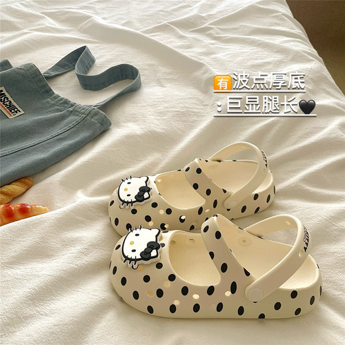 奶味波点KT猫~！软软ins可爱包头凉拖鞋女厚底防滑透气夏季洞洞鞋