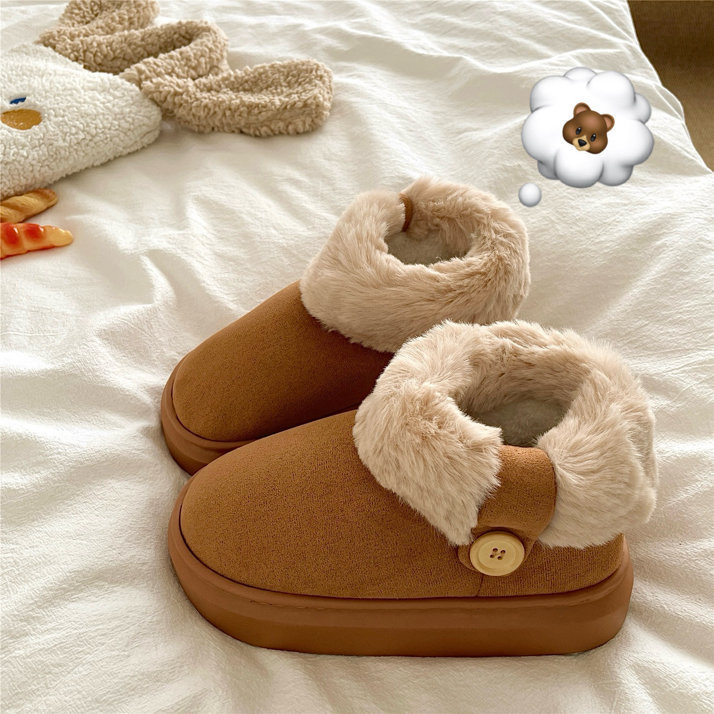 榛果绒绒奶糕~！加厚ins加绒保暖雪地靴女冬季防滑包跟毛毛棉拖鞋