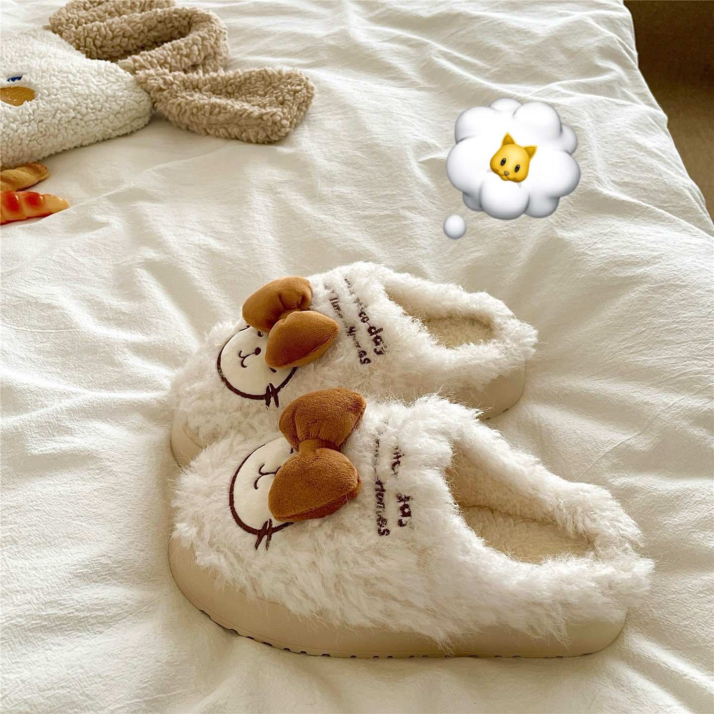 懒喵贴贴~！蝴蝶结ins甜美可爱保暖棉拖鞋女冬季厚底居家毛毛拖鞋