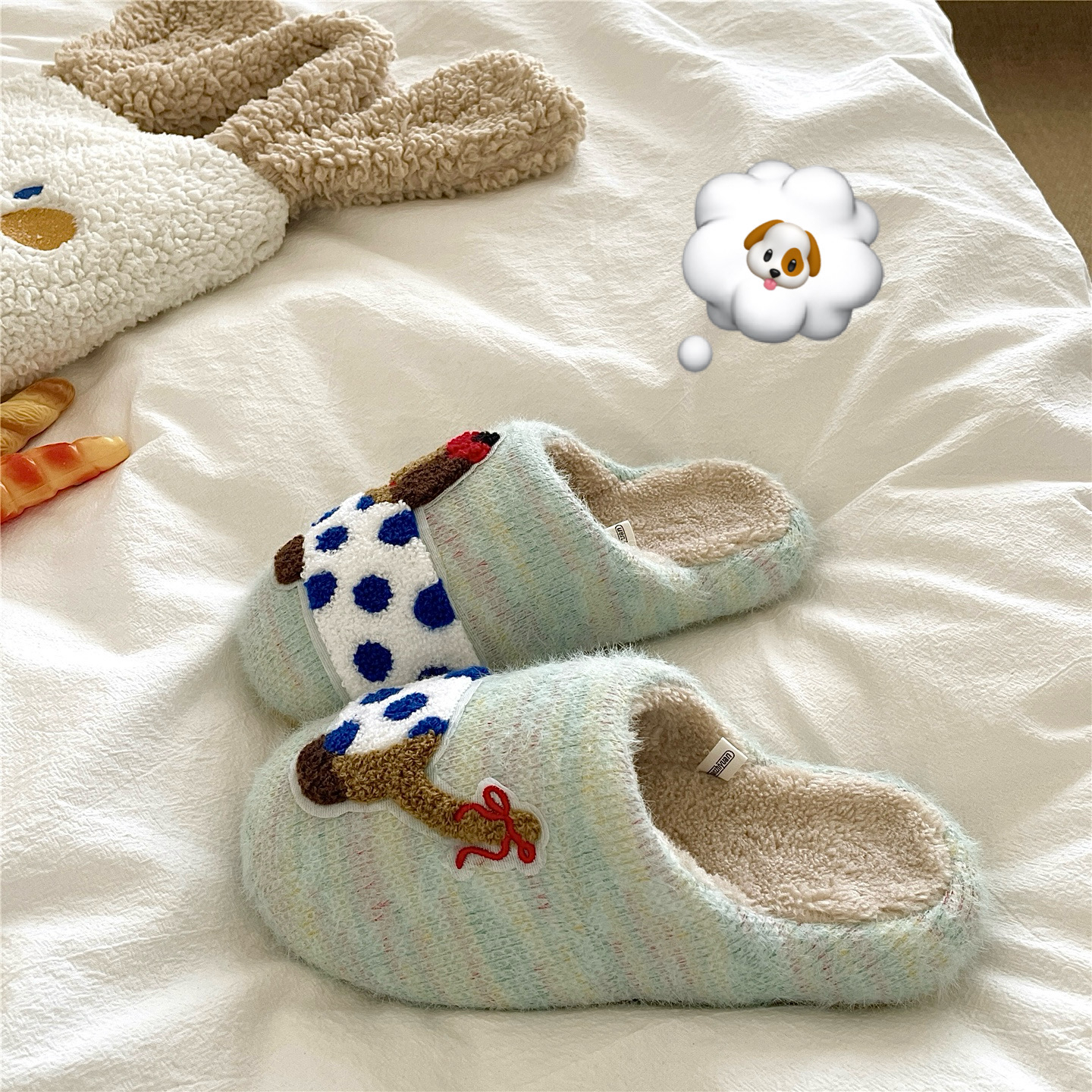 悠哉腊肠犬~！冰岛蓝diy可爱包头棉拖鞋女居家保暖加绒毛毛拖鞋潮