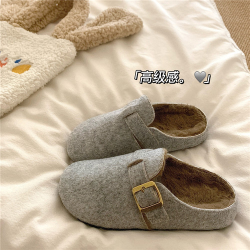 毛呢高级灰~！自留质感加绒勃肯棉拖女懒人外穿加绒冬季毛毛拖鞋