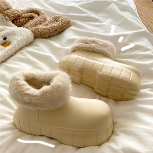 半熟芝士~防水日系米色加绒短筒雪地靴女INS冬季外穿厚底保暖棉鞋