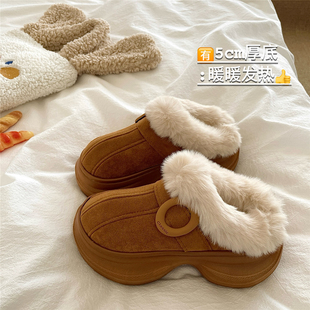 加绒保暖毛毛拖鞋 女外穿冬季 5cm厚底增高保暖棉拖鞋 小蛮腰奶驼