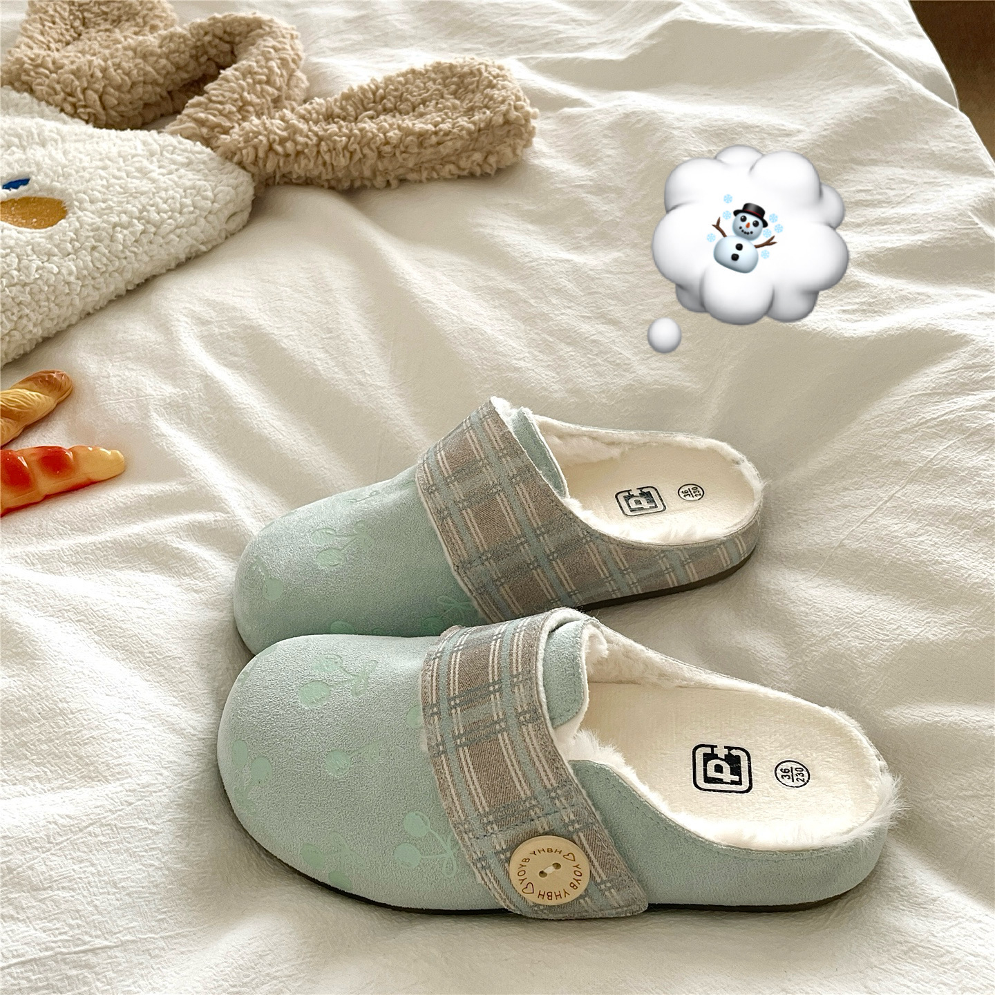 薄荷费尔岛~！ins加绒包头勃肯半拖鞋女外穿保暖冬季毛毛棉拖鞋潮