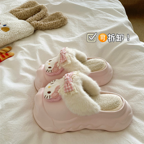 软糖甜心KT猫~！可拆清洗ins包头棉拖鞋女外穿厚底保暖毛毛拖鞋潮