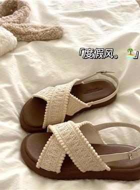波西米亚海岛风~！慵懒仙女风沙滩凉鞋女ins夏季复古平底凉拖鞋潮