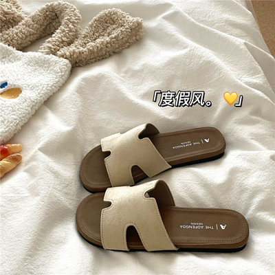 软软高级感~！皮面法式慵懒一字凉拖鞋女ins夏季透气防滑沙滩拖鞋
