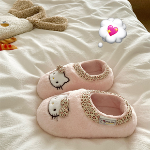 粉噗噗kt猫~！豹纹甜心ins可爱包跟棉鞋女居家加绒保暖毛毛棉拖鞋