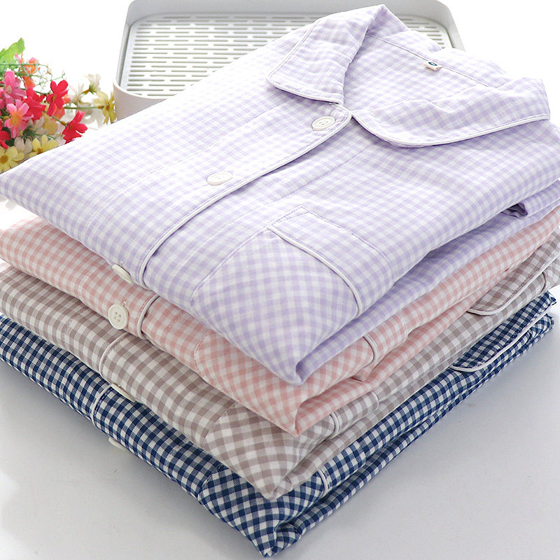 春夏薄款全棉双层纱情侣睡衣长袖长裤套装简约格子翻领对襟家居服