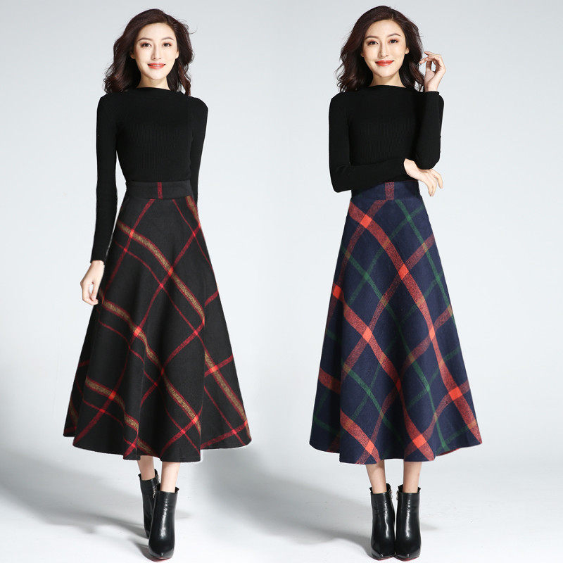 格子毛呢半身裙女秋冬中长款厚2019新款复古冬裙高腰伞裙a字长裙在类目 女装/女士精品, 半身裙中 - 来自Buy2taobao.com提供专业的淘宝代购服务