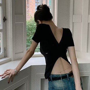 美背黑色短袖t恤女设计感小众独特别致夏季修身上衣性感露背小衫