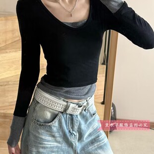 T恤女显瘦打底黑色拼深灰色上衣 饰色修身 新款 V领撞色设计假两件装