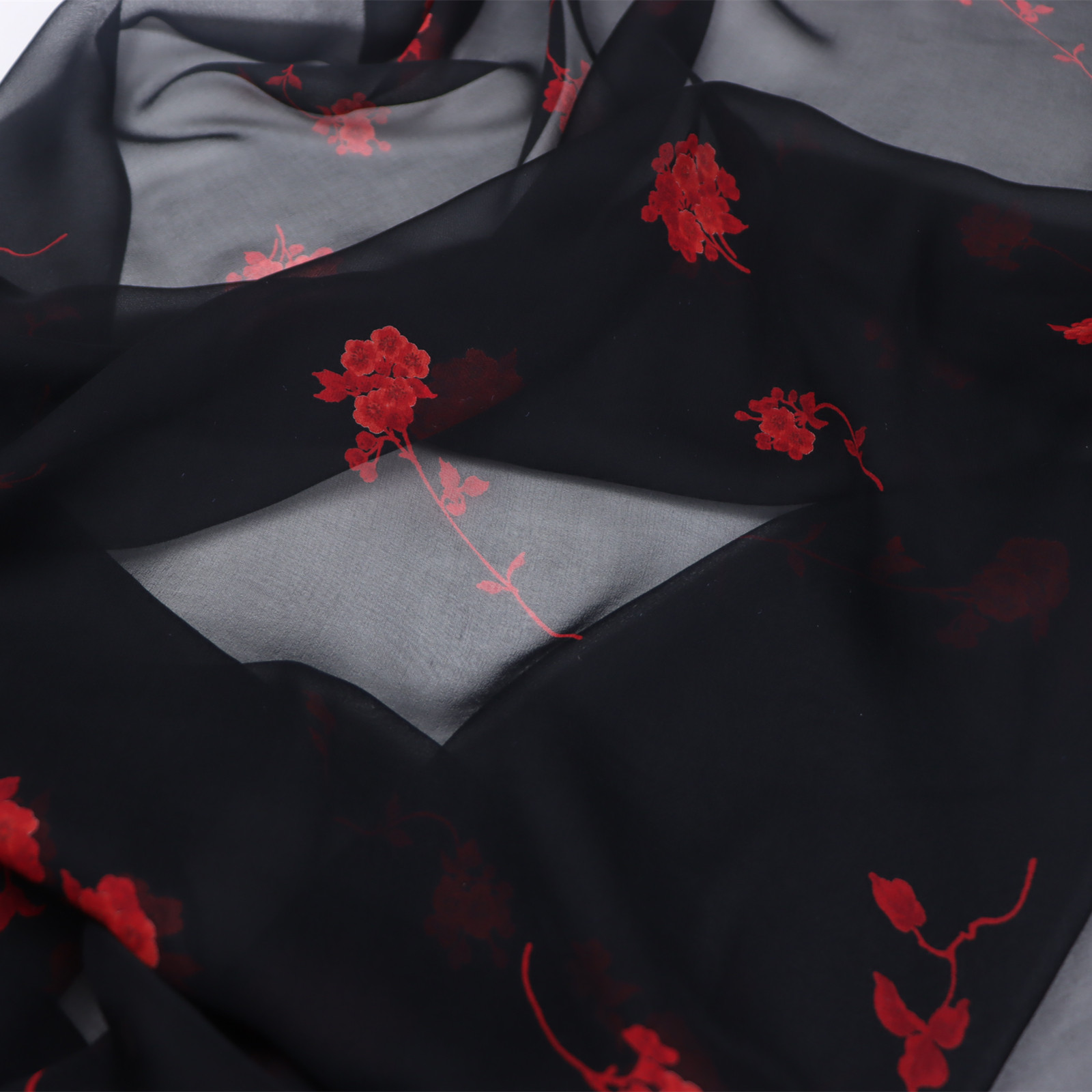 黑底红花朵真丝乔其纱连衣裙衬衫旗袍桑蚕丝服装布料面料