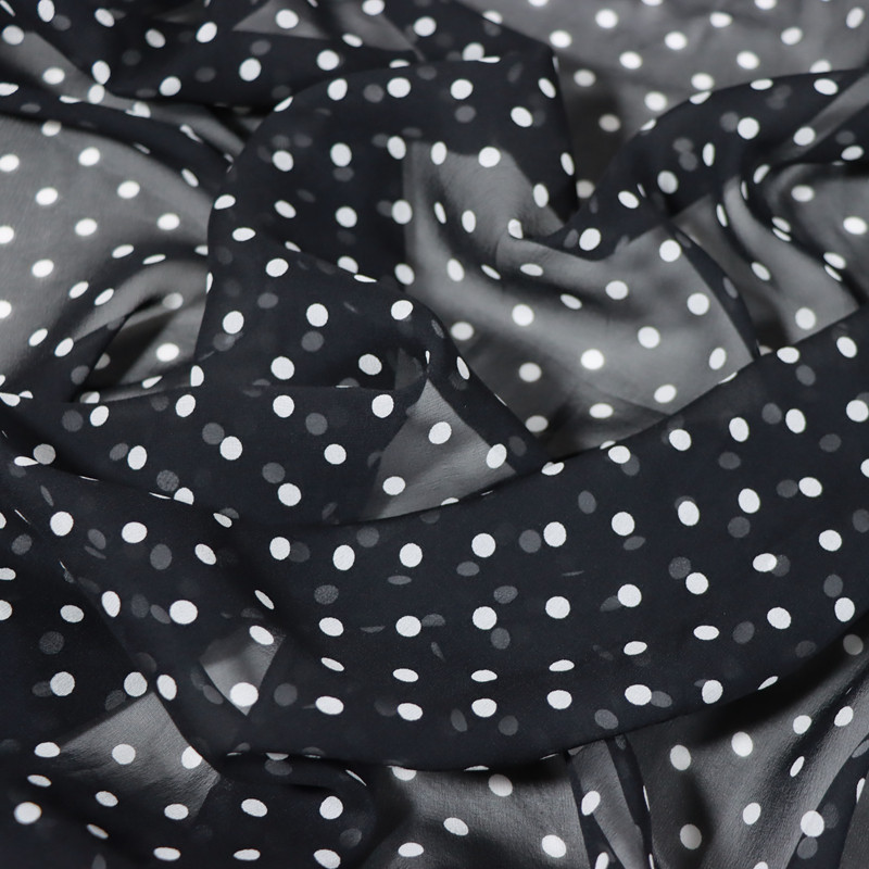 宽幅黑底波点圆点真丝乔其纱连衣裙衬衫桑蚕丝服装布料面料
