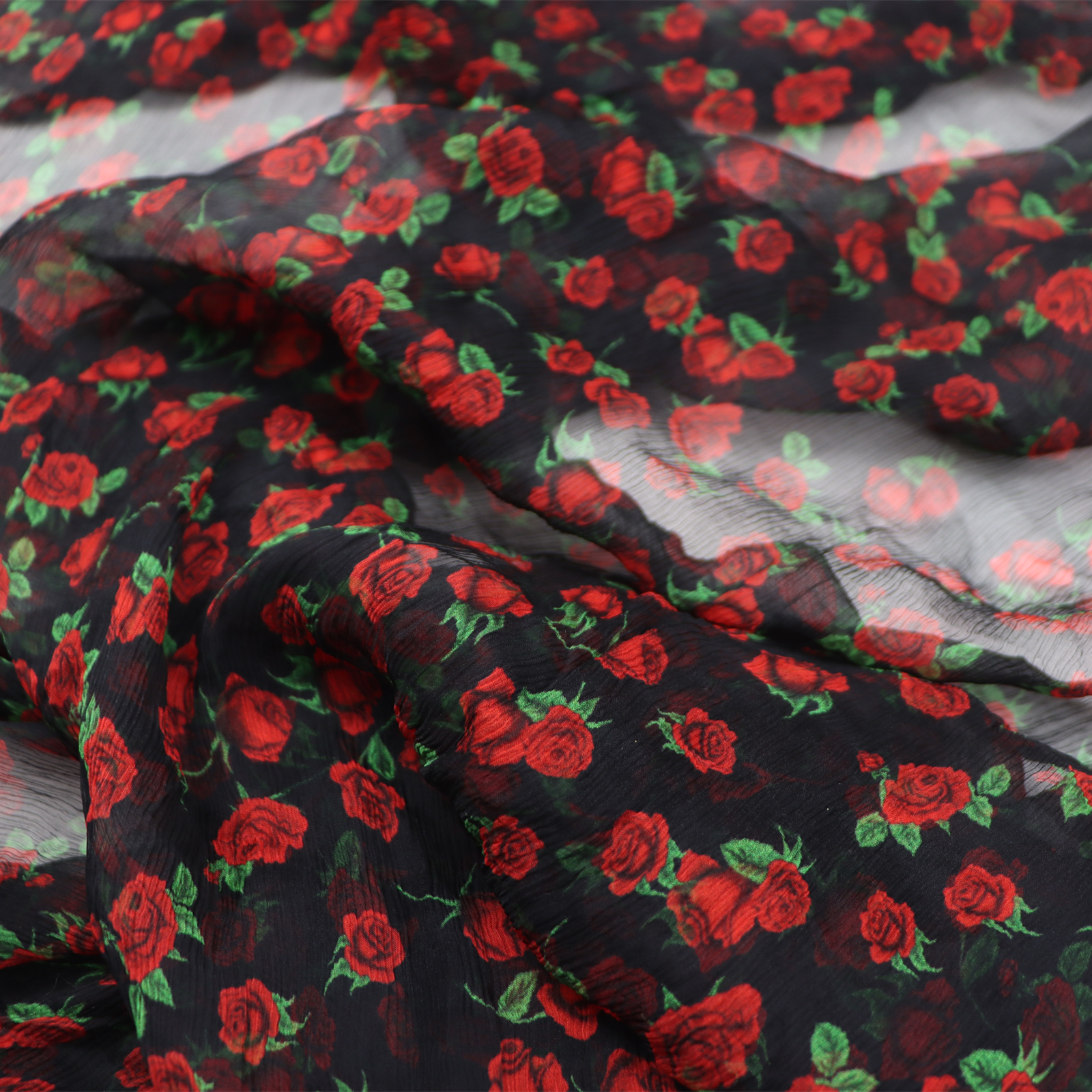 黑底小红花真丝顺纡纱汉服旗袍衬衫连衣裙桑蚕丝服装布料面料
