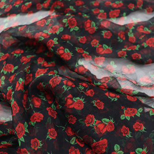 黑底小红花真丝顺纡纱汉服旗袍衬衫连衣裙桑蚕丝服装布料面料