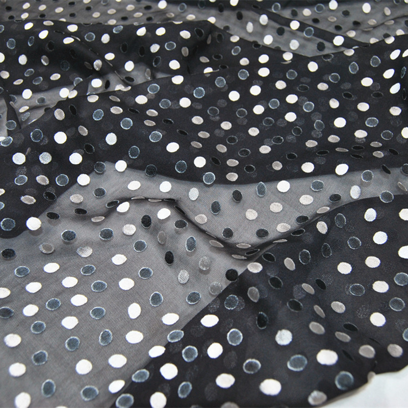 宽幅黑底小圆点波点真丝烂花绡旗袍连衣裙衬衫桑蚕丝服装布料面料