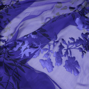 宽幅蓝色底花朵真丝烂花绡旗袍连衣裙桑蚕丝服装布料面料