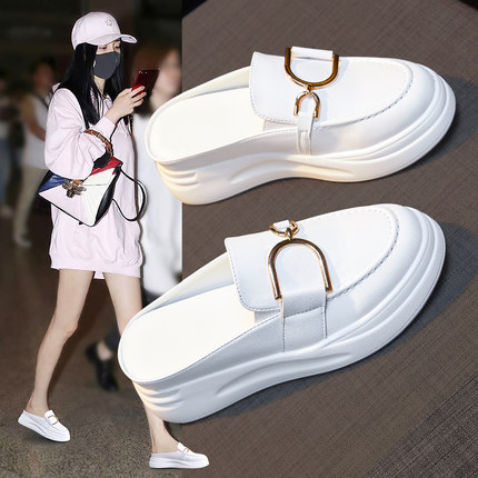 包头拖鞋女外穿2025年新款夏季厚底半拖白色真皮网红爆款软底单鞋