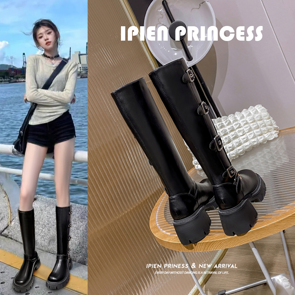 真皮美拉德粗跟皮带扣增高长筒靴