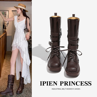中筒靴显瘦机车英伦风复古骑士靴子 厚底增高西部靴女2025春秋新款