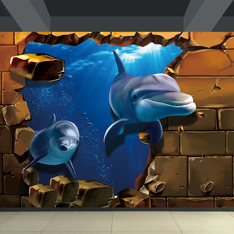 海豚3d立体画 3d立体墙贴打印制作 海底世界3d墙画壁画体验馆定制