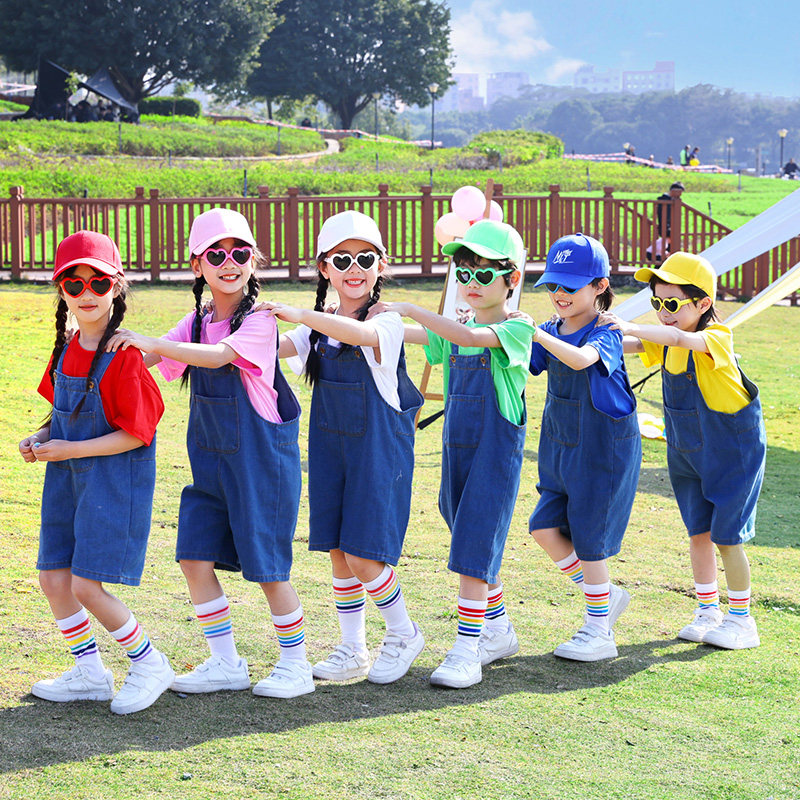 六一儿童演出服牛仔背带裤糖果色短袖幼儿园运动会男女童表演服装