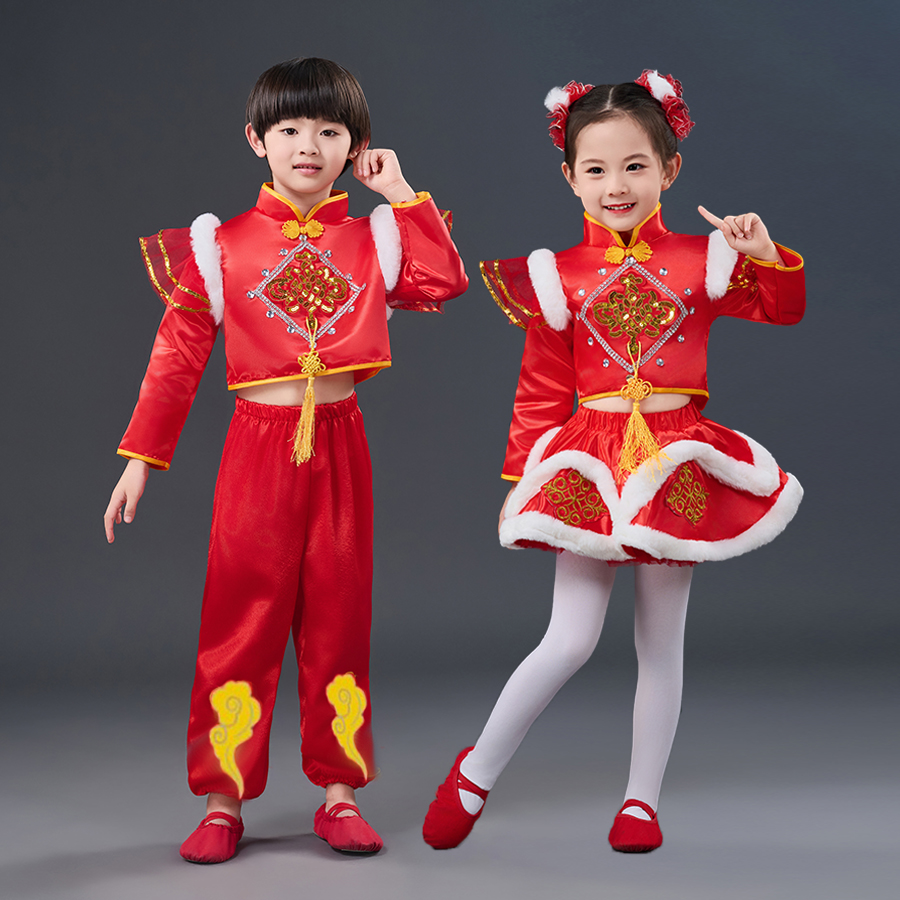 元旦儿童喜庆舞蹈打鼓演出服太平女儿鼓秧歌中红梦娃幼儿园表演服