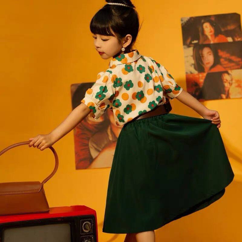 六一儿童港风复古花衬衫半身裙套装小学生运动会表演服港风亲子装