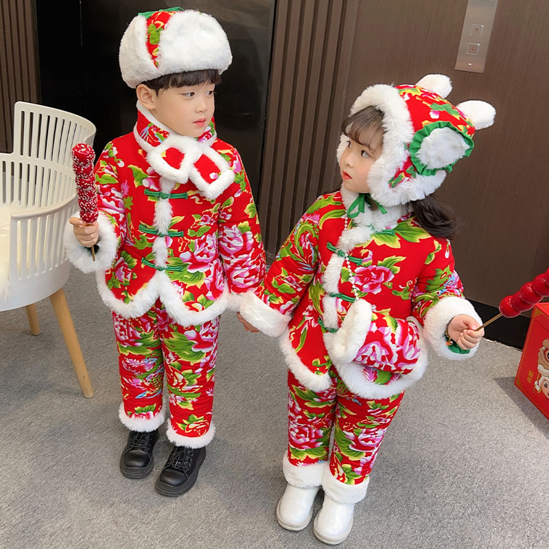 东北大花棉袄儿童宝宝中式棉服套装男童棉衣冬装天女童拜年服冬季