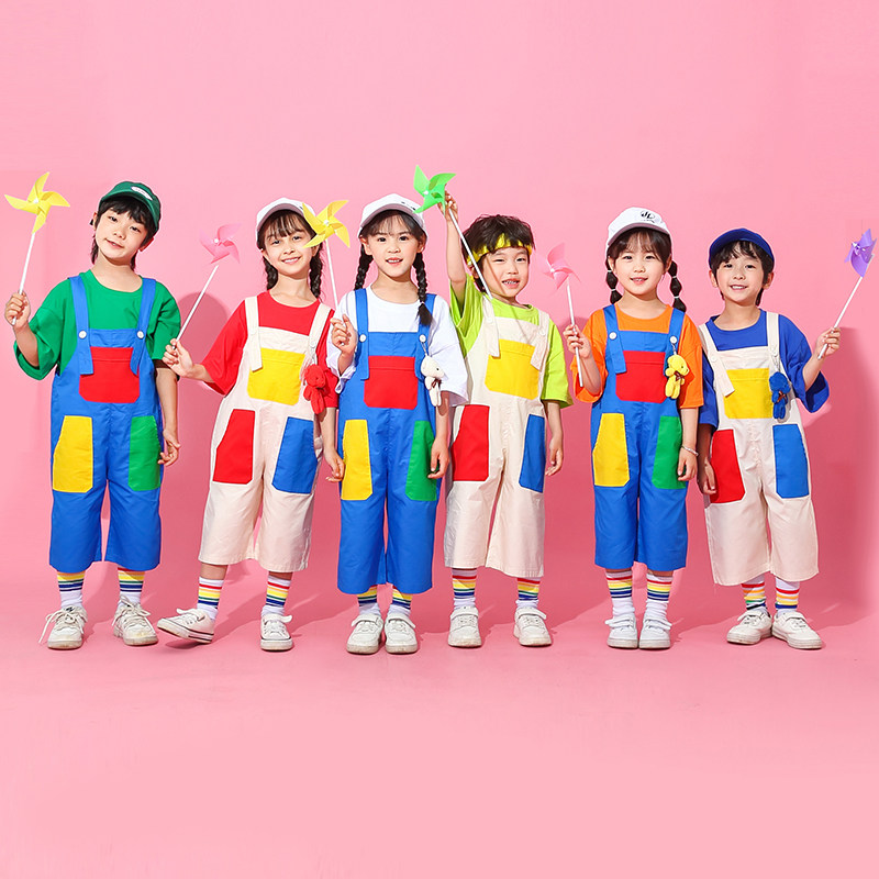 六一儿童啦啦队演出服幼儿园团体班服短袖背带裤小学生运动会班服