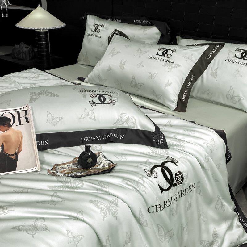 贡缎冰丝被套床单四件套刺绣双人家用丝滑凉感夏季学生宿舍三件套