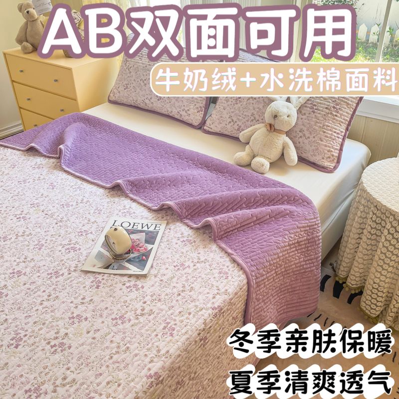 四季款双面可用A面水洗棉B面牛奶绒夹棉单床单床盖三件套枕套床罩