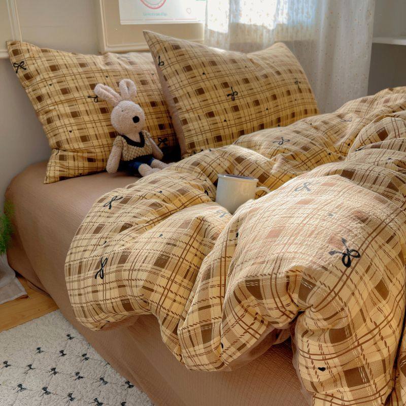 简约款云感双层纱四件套学生宿舍三件套床单被套床笠款透气亲肤款