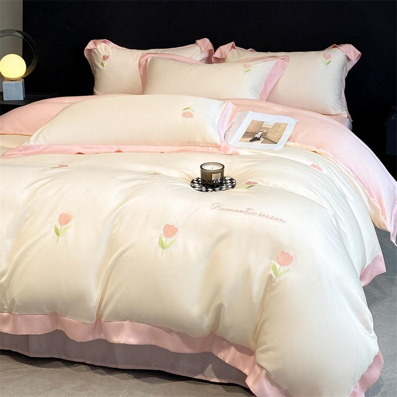 夏季公主式水洗真丝绣花四件套丝绸床单被套学生宿舍单人床三件套