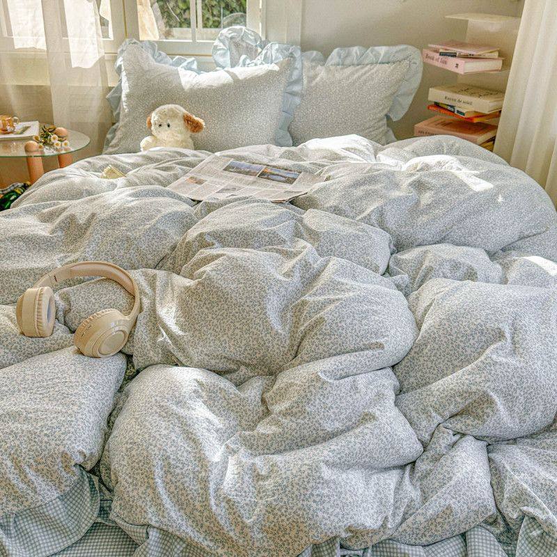 春夏韩版花边古法水洗仿棉砂洗四件套清新碎花学生宿舍被套三件套