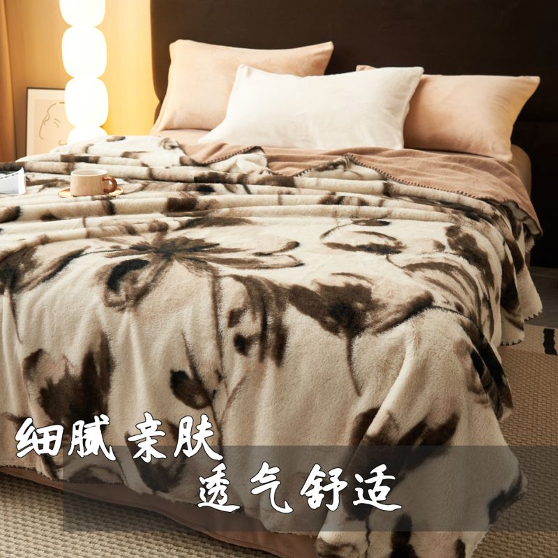 水墨风简约兔毛绒双层毛毯午睡居家盖被盖毯宿舍毯子加厚保暖春秋