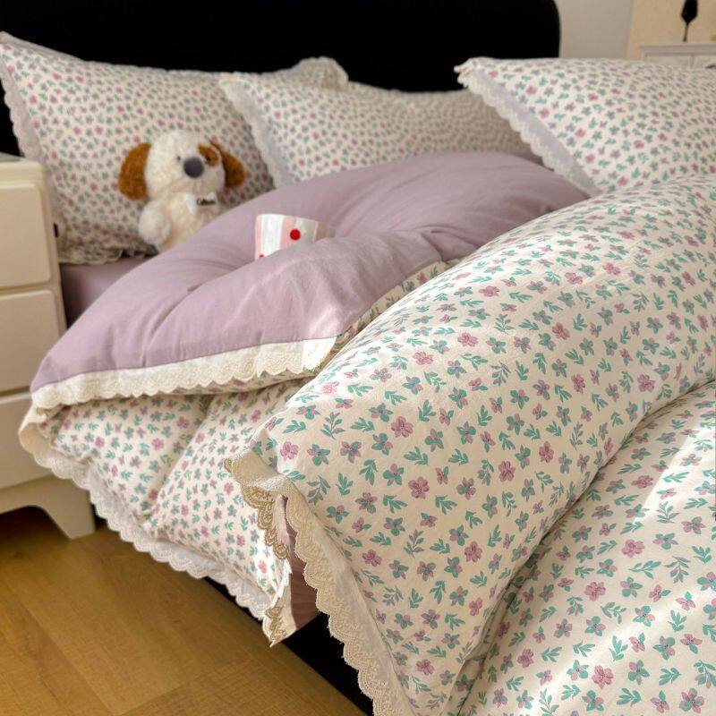 田园韩版花边款小碎花古法水洗棉四件套学生宿舍三件套床单款被套