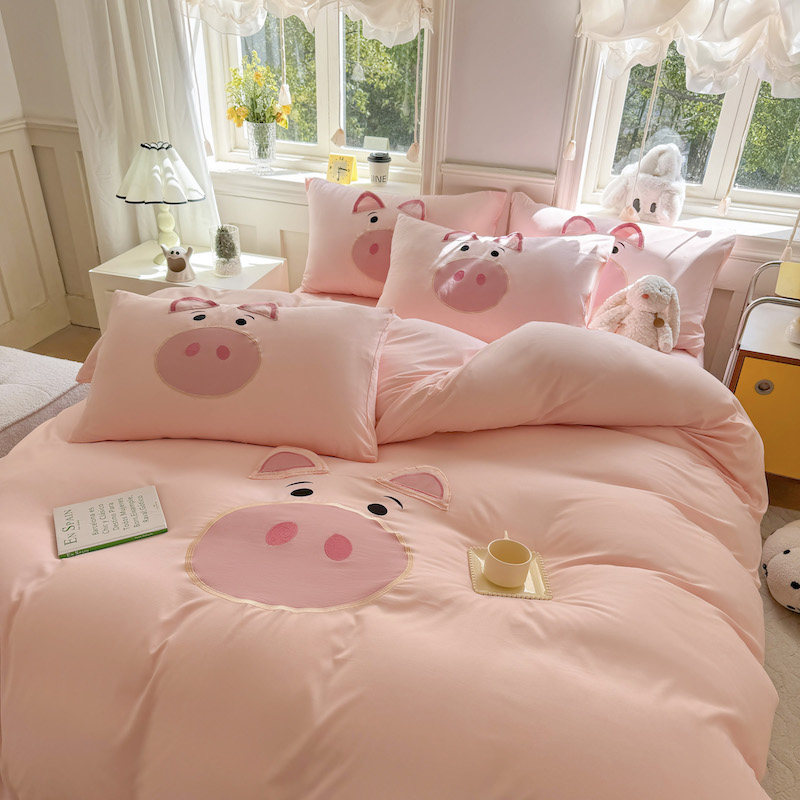 卡通款猪猪水洗棉麻四件套儿童床上被套非全棉纯棉宿舍三件套,床上用品,床品套件/四件套/多件套,淘宝优惠券,粉丝福利购,淘宝优惠卷
