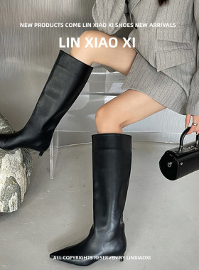 黑色尖头低跟显瘦秋冬女长筒靴