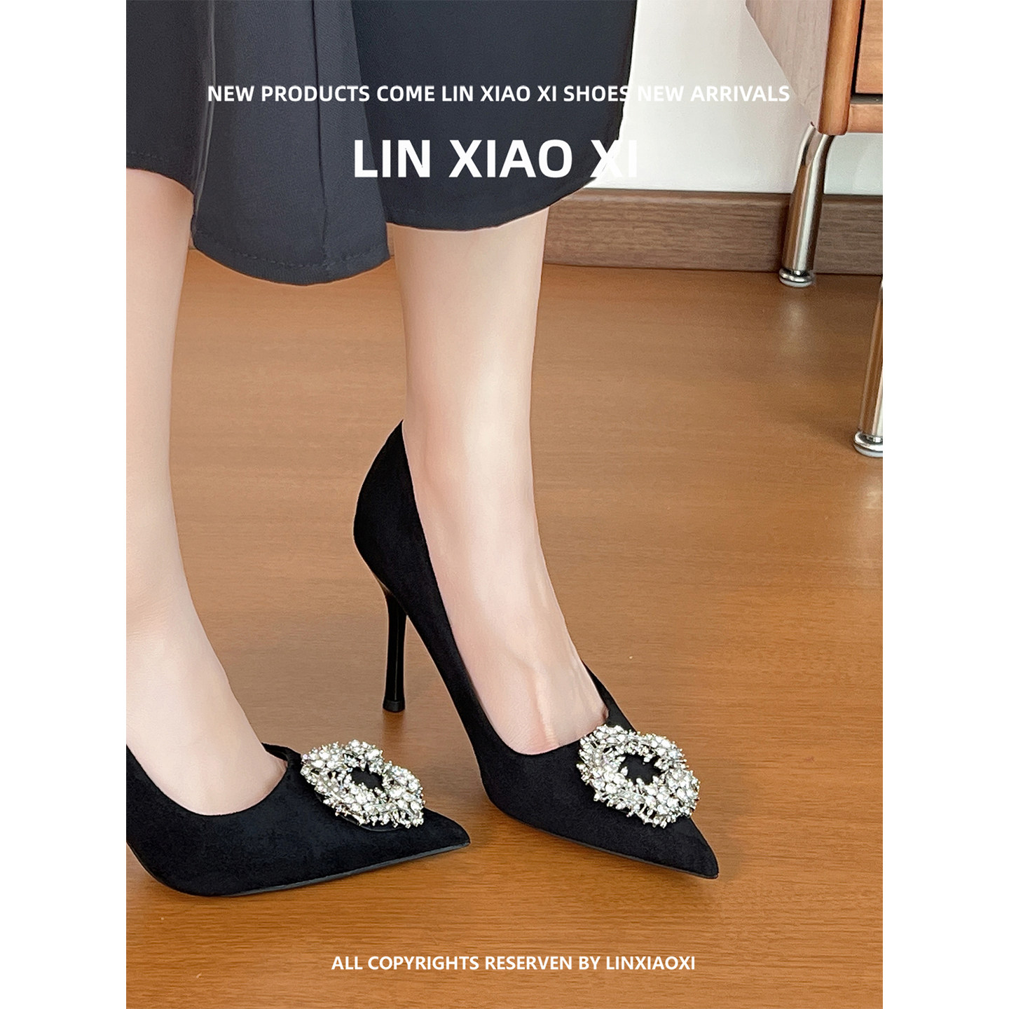 法式绝美水钻黑色高跟鞋女气质高级不累脚细跟尖头工作鞋浅口单鞋