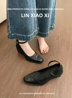 法式一字带黑色高跟鞋女粗跟方头不累脚工作鞋通勤浅口玛丽珍单鞋