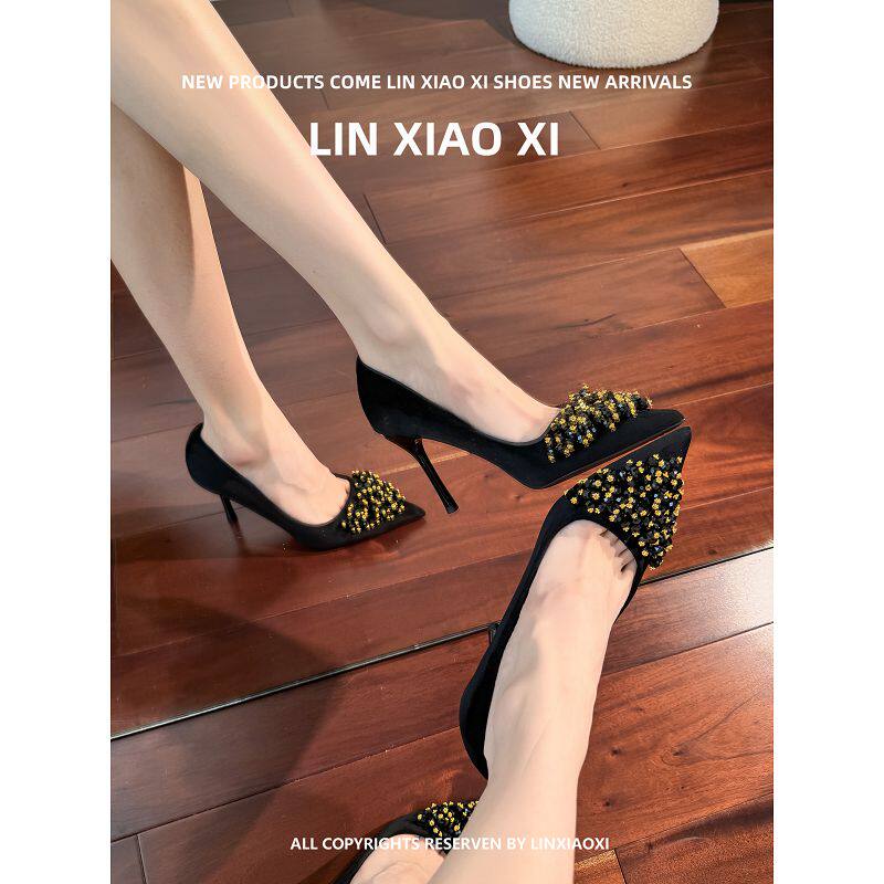 春夏新款绝美水钻黑色高跟鞋女气质高级感不累脚细跟尖头法式单鞋