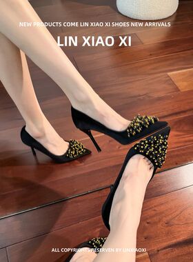 春夏新款绝美水钻黑色高跟鞋女气质高级感不累脚细跟尖头法式单鞋
