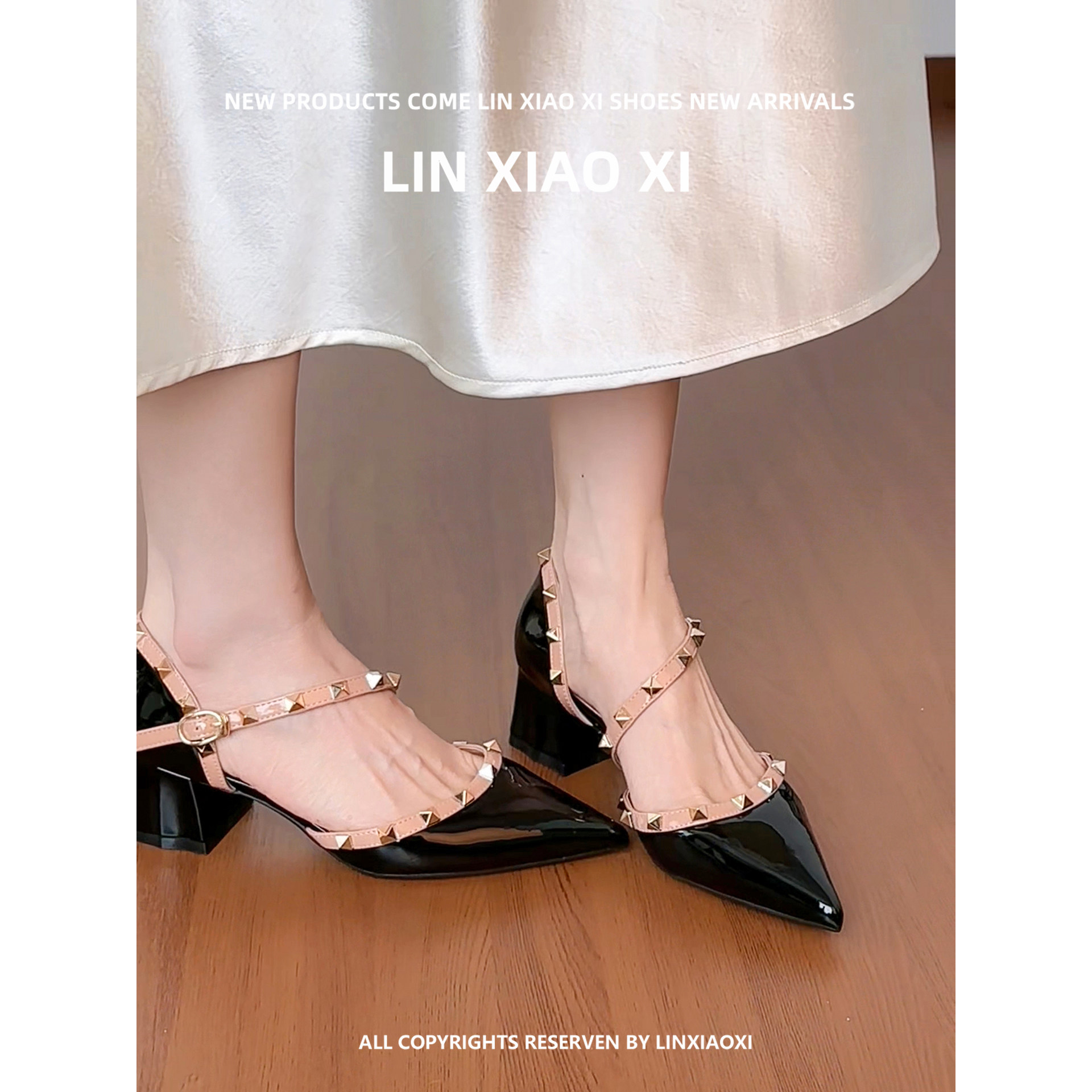 春夏新款法式绝美铆钉黑色高跟鞋女粗跟尖头不累脚一字带单鞋5cm