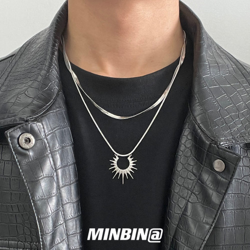 双层蛇骨链太阳吊坠项链