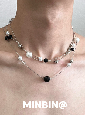 长款黑白珍珠项链女款小众颈链高级感毛衣链百搭辣妹锁骨链配饰潮