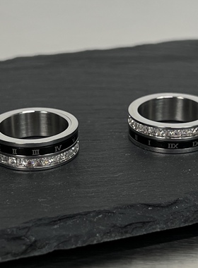 镶钻罗马数字戒指男女潮牌个性 钛钢小众朋克嘻哈食指戒环情侣酷